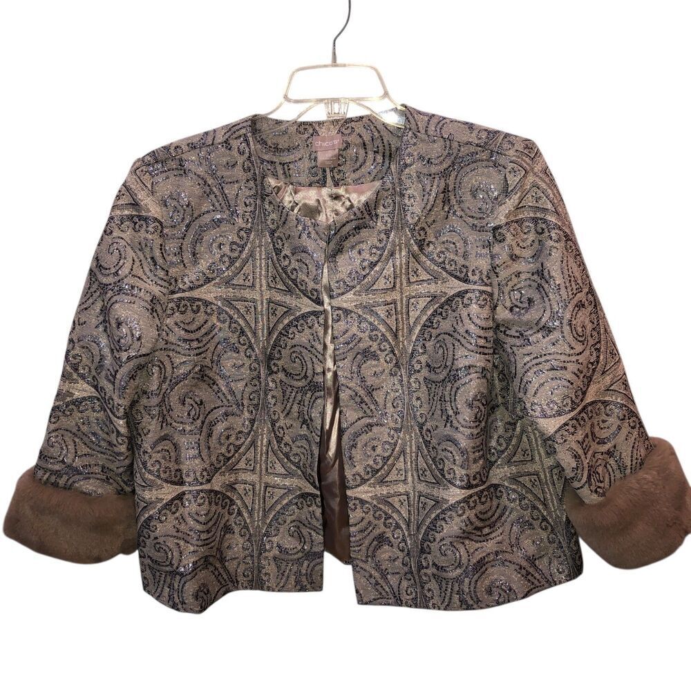 Chicos Size 3 P Silver Jacquard Brown Faux Fur Cuffs Jacket Coat US 16 18 Petite